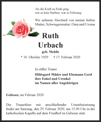 Traueranzeige von Ruth Urbach von Thüringer Allgemeine, Thüringische Landeszeitung
