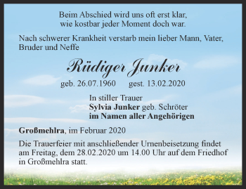 Traueranzeige von Rüdiger Junker von Thüringer Allgemeine, Thüringische Landeszeitung