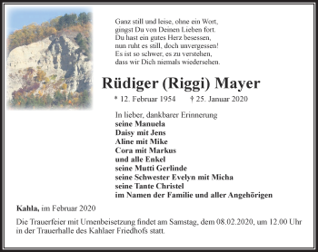 Traueranzeige von Rüdiger Mayer von Ostthüringer Zeitung, Thüringische Landeszeitung