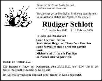 Traueranzeige von Rüdiger Schlott von Ostthüringer Zeitung, Thüringische Landeszeitung