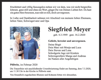 Traueranzeige von Siegfried Meyer von Ostthüringer Zeitung