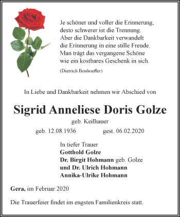 Traueranzeige von Sigrid Anneliese Doris Golze von Ostthüringer Zeitung