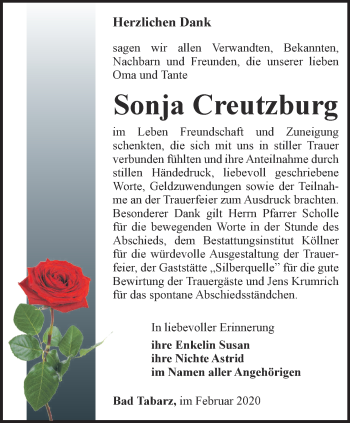 Traueranzeige von Sonja Creutzburg von Ostthüringer Zeitung, Thüringische Landeszeitung