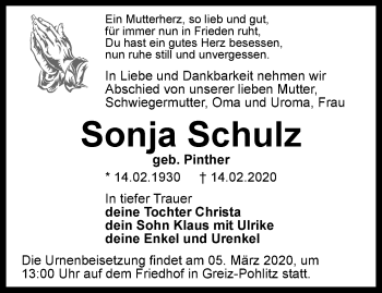 Traueranzeige von Sonja Schulz von Ostthüringer Zeitung