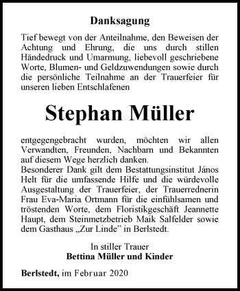 Traueranzeige von Stephan Müller von Thüringer Allgemeine, Thüringische Landeszeitung