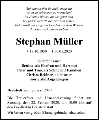 Traueranzeige von Stephan Müller von Thüringer Allgemeine, Thüringische Landeszeitung