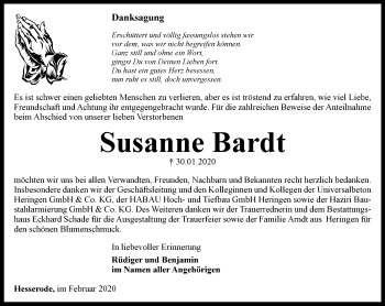 Traueranzeige von Susanne Bardt von Thüringer Allgemeine