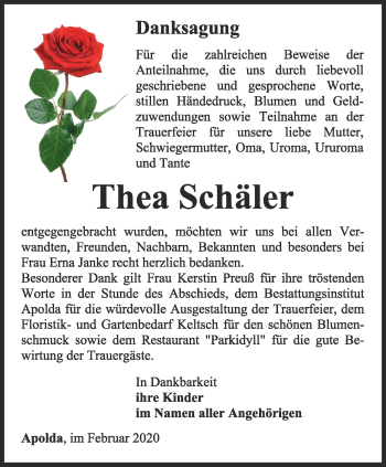 Traueranzeige von Thea Schäler von Thüringer Allgemeine, Thüringische Landeszeitung