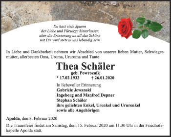 Traueranzeige von Thea Schäler von Thüringer Allgemeine, Thüringische Landeszeitung