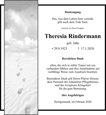 Traueranzeige von Theresia Rindermann von Thüringer Allgemeine