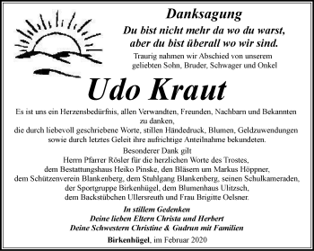 Traueranzeige von Udo Kraut von Ostthüringer Zeitung