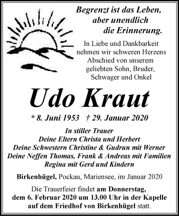 Traueranzeige von Udo Kraut von Ostthüringer Zeitung