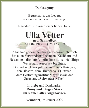 Traueranzeige von Ulla Vetter von Ostthüringer Zeitung