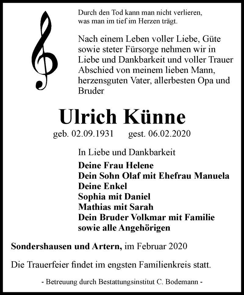  Traueranzeige für Ulrich Künne vom 15.02.2020 aus Thüringer Allgemeine, Thüringische Landeszeitung