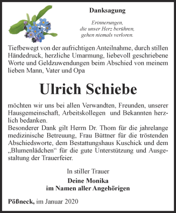 Traueranzeige von Ulrich Schiebe von Ostthüringer Zeitung