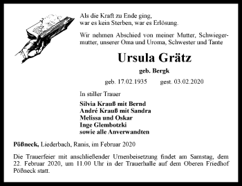 Traueranzeige von Ursula Grätz von Ostthüringer Zeitung