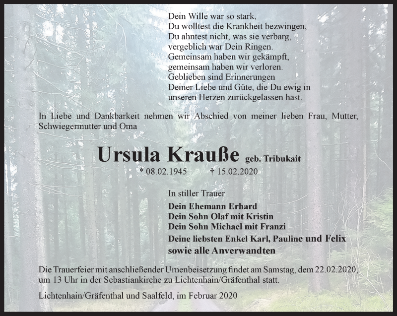  Traueranzeige für Ursula Krauße vom 19.02.2020 aus Ostthüringer Zeitung