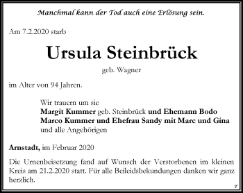 Traueranzeige von Ursula Steinbrück von Thüringer Allgemeine