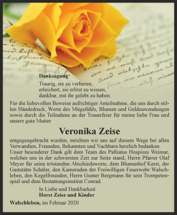 Traueranzeige von Veronika Zeise von Thüringer Allgemeine, Thüringische Landeszeitung