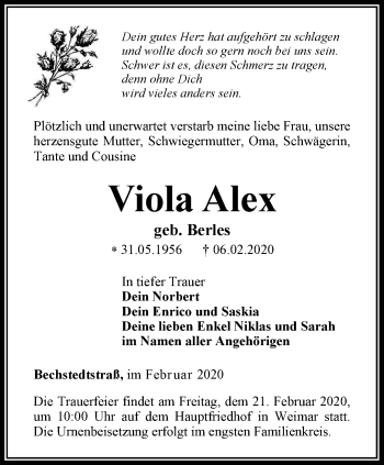 Traueranzeige von Viola Alex von Thüringer Allgemeine, Thüringische Landeszeitung