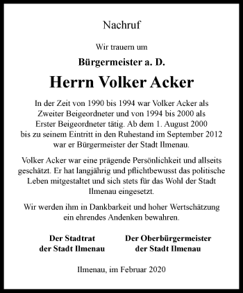 Traueranzeige von Volker Acker von Thüringer Allgemeine