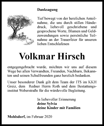 Traueranzeige von Volkmar Hirsch von Ostthüringer Zeitung