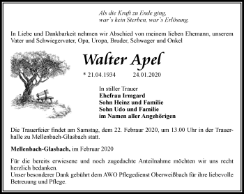 Traueranzeige von Walter Apel von Ostthüringer Zeitung