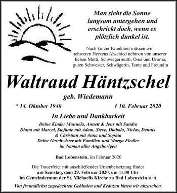 Traueranzeige von Waltraud Häntzschel von Ostthüringer Zeitung