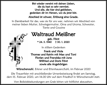 Traueranzeige von Waltraud Meißner von Thüringer Allgemeine, Thüringische Landeszeitung