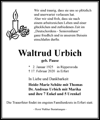 Traueranzeige von Waltrud Urbich von Thüringer Allgemeine