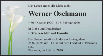 Traueranzeige von Werner Oschmann von Ostthüringer Zeitung, Thüringische Landeszeitung