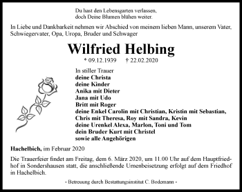 Traueranzeige von Wilfried Helbing