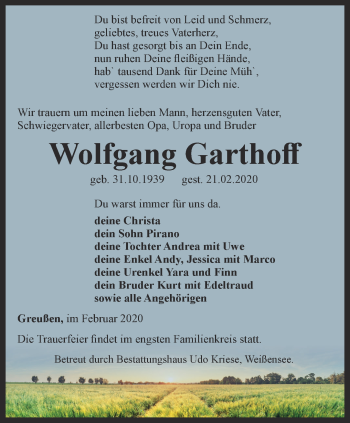 Traueranzeige von Wolfgang Garthoff von Thüringer Allgemeine