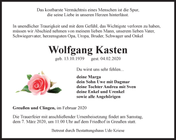 Traueranzeige von Wolfgang Kasten von Thüringer Allgemeine
