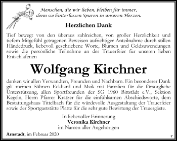 Traueranzeige von Wolfgang Kirchner von Thüringer Allgemeine