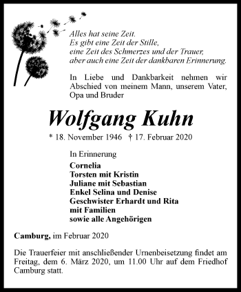 Traueranzeige von Wolfgang Kuhn von Ostthüringer Zeitung, Thüringische Landeszeitung