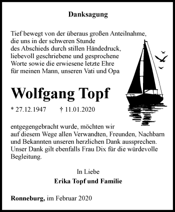 Traueranzeige von Wolfgang Topf von Ostthüringer Zeitung