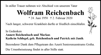 Traueranzeige von Wolfram Reichenbach von Ostthüringer Zeitung, Thüringische Landeszeitung