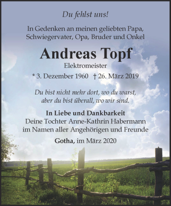 Traueranzeige von Andreas Topf von Ostthüringer Zeitung, Thüringische Landeszeitung