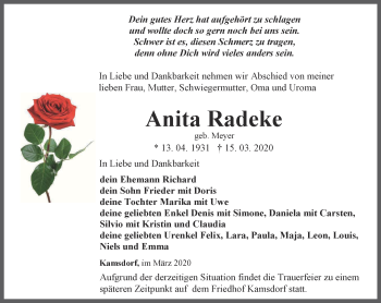 Traueranzeige von Anita Radeke von Ostthüringer Zeitung