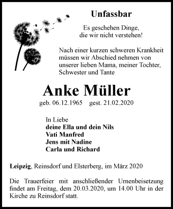 Traueranzeige von Anke Müller von Ostthüringer Zeitung