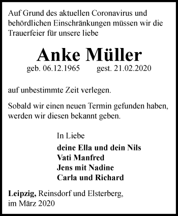 Traueranzeige von Anke Müller von Ostthüringer Zeitung