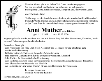 Traueranzeige von Anni Muther von Thüringer Allgemeine, Thüringische Landeszeitung