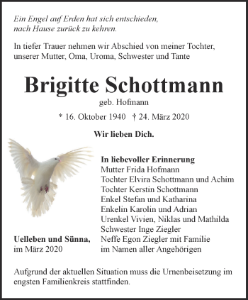 Traueranzeige von Brigitte Schottmann von Ostthüringer Zeitung, Thüringische Landeszeitung