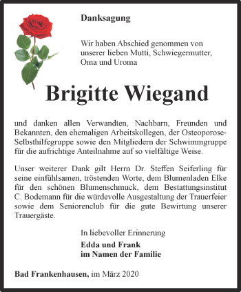 Traueranzeige von Brigitte Wiegand