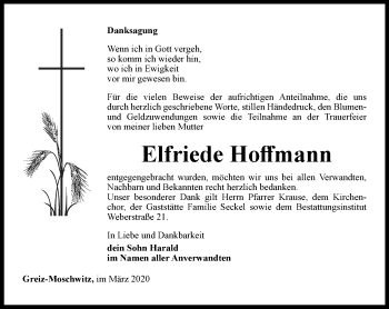 Traueranzeige von Elfriede Hoffmann von Ostthüringer Zeitung