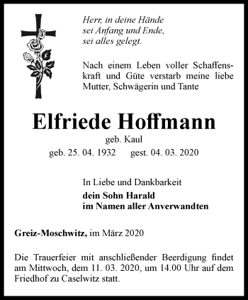 Traueranzeige von Elfriede Hoffmann von Ostthüringer Zeitung