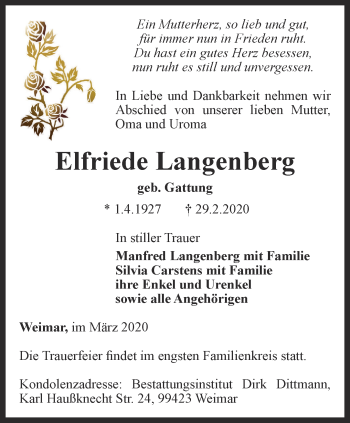 Traueranzeige von Elfriede Langenberg von Thüringer Allgemeine, Thüringische Landeszeitung