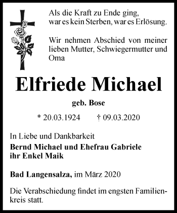 Traueranzeige von Elfriede Michael von Thüringer Allgemeine, Thüringische Landeszeitung