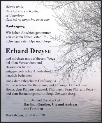 Traueranzeige von Erhard Dreyse von Thüringer Allgemeine, Thüringische Landeszeitung